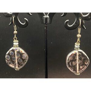 Murano Style Peacock Art Glass Purple Venetian Drop Dangle Earrings Silver Tone